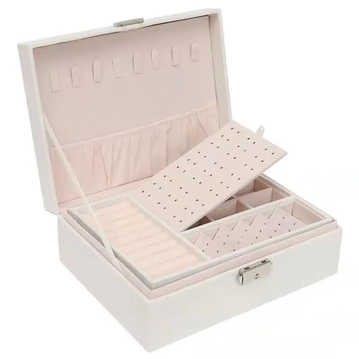Caja de almacenamiento de joyas forrada de terciopelo para pendientes, anillos y collares de joyería-Blanco - 1