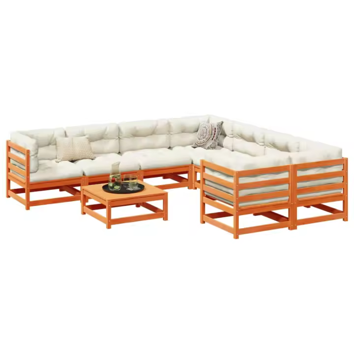 vidaXL Set de sofás jardín 9 pzas con cojines madera pino marrón cera - 1