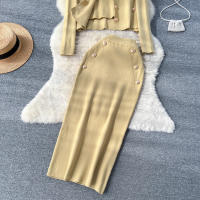 Conjunto De Ropa De Mujer REALEFT Otoño Invierno 3 Piezas Traje De Tejido Knitted Cardigan De Botón Sencillo Y Tops Falda Elegante Para Oficina - details 51
