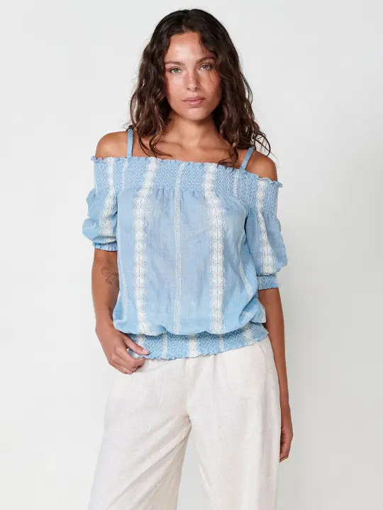 Koroshi Blusa con escote y hombro descubierto con fruncido en nido de abeja en escote, cinturilla y puños con bordado y tirantes extraíbles regulables color Azul para Mujer - 1