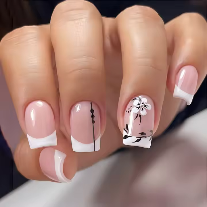 Set De 24 Uñas Postizas De Plástico Gloss Medio Cuadradas Rosa Y Blanco Con Patrón De Flores Uñas Falsas Reutilizables Para Dedos - 1