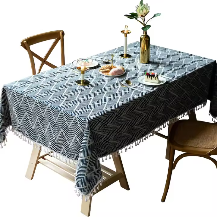 Mantel de Lino y Algodón Lavable de Calidad - Mesa de Conejo con Borlas - 55x55 - Dark Azul - 1