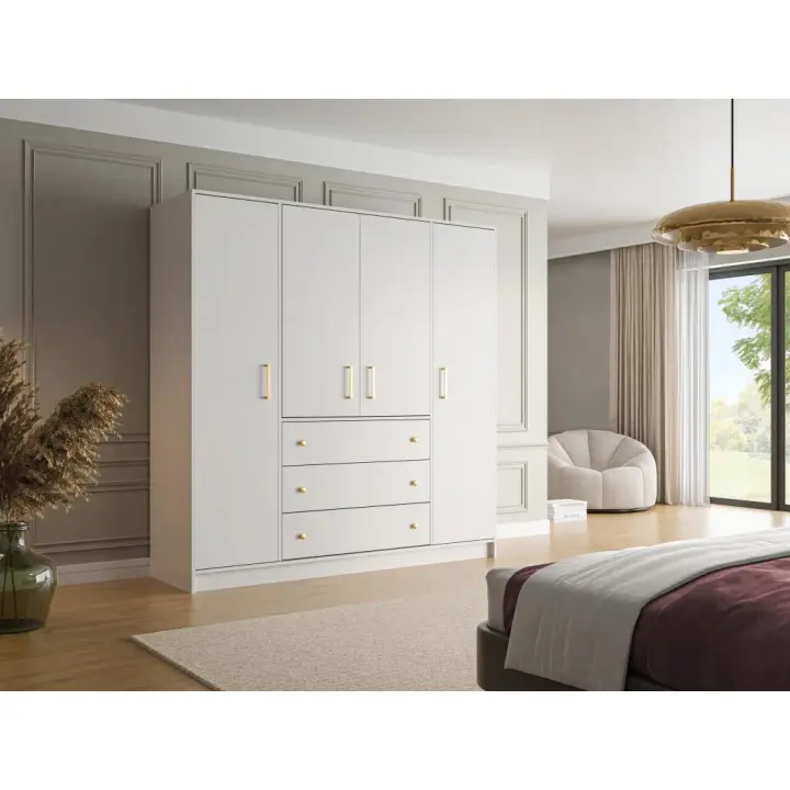 Vente-unique - Armario de 4 puertas y 3 cajones - Ancho 196 cm - Blanco - LIZANDRO - 1