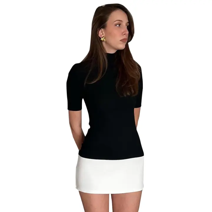 CUTENOVA Vestido Mini De Talle Alto Estilo Francés Elegante Negro Y Blanco Patchwork Bodycon Para Mujer Verano 2024 Manga Corta Cuello Redondo Ajustado - 1