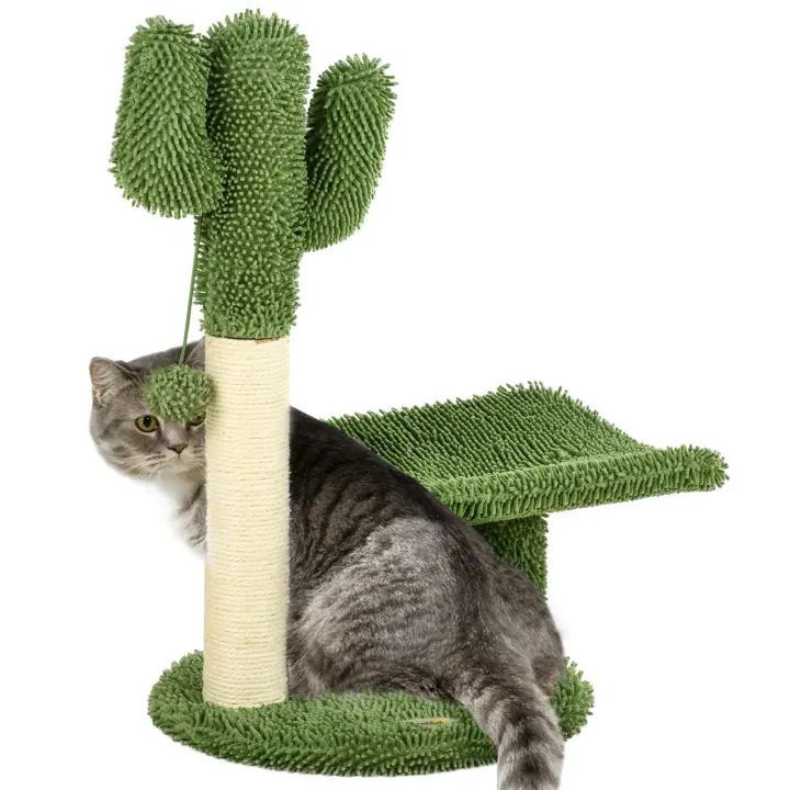 PawHut Árbol Rascador de Cactus para Gatos de 55,5 cm Torre para Gatos de Interior con Postes de Sisal Cama y Bola de Juguete 35x31x55,5 cm Verde - 1