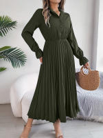 Vestido Largo De Primavera Verano Para Mujer Estilo Casual Color Sólido Cuello Polo Botones Mangas Flares Pliegues Centenares Vestido A-Line - details 4