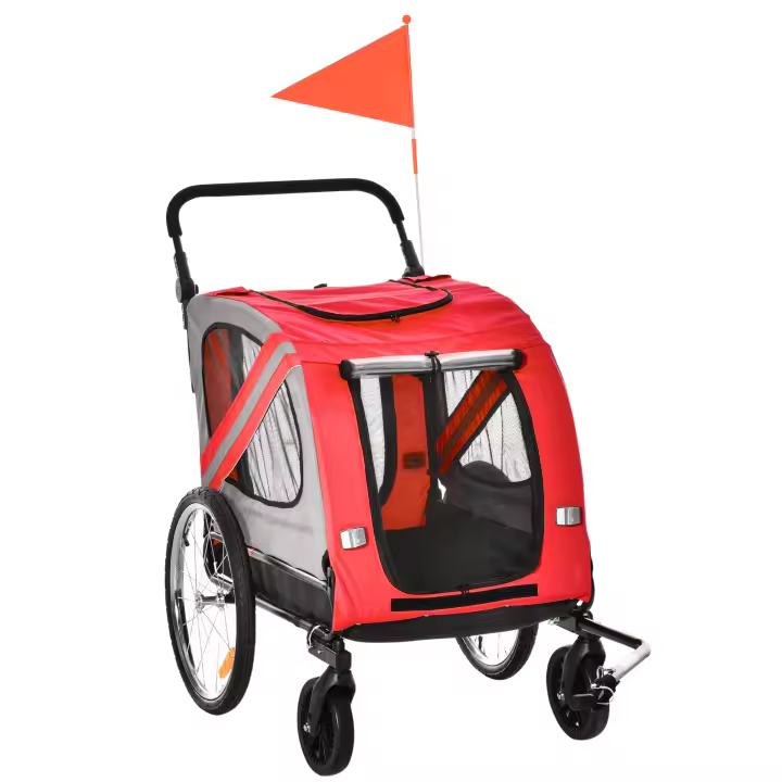 PawHut Remolque de Bicicleta Perros 2 en 1 Carrito Transporte para Mascotas con Puertas Enrollables Ventanas Cinturón de Seguridad Bandera y 6 Reflectores 140x72,5x108 cm - 1