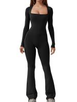 Traje De Yoga Para Mujer Con Manga Larga Cintura Ajustable Levantador De Caderas Neck Square Pierna Ancha Elástico Alto Jumpsuit Sin Costuras Material Poliéster - details 3