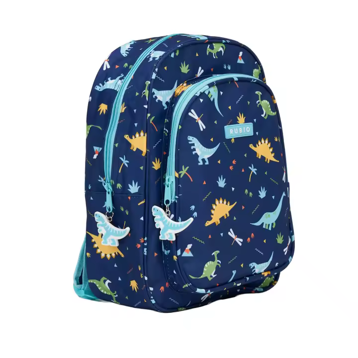RUBIO. Mochila escolar infantil dinosaurios color azul. 2 cremalleras. Bolsillo lateral portabotellas. Capacidad 10L. Hasta 6 años - 1