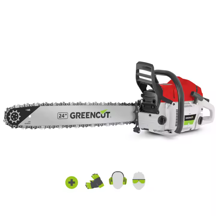 GREENCUT GS720X - Motosierra de gasolina, motor térmico 2 tiempos 72cc, espada dentada 24", para tala y poda, manillar ergonómico - 1