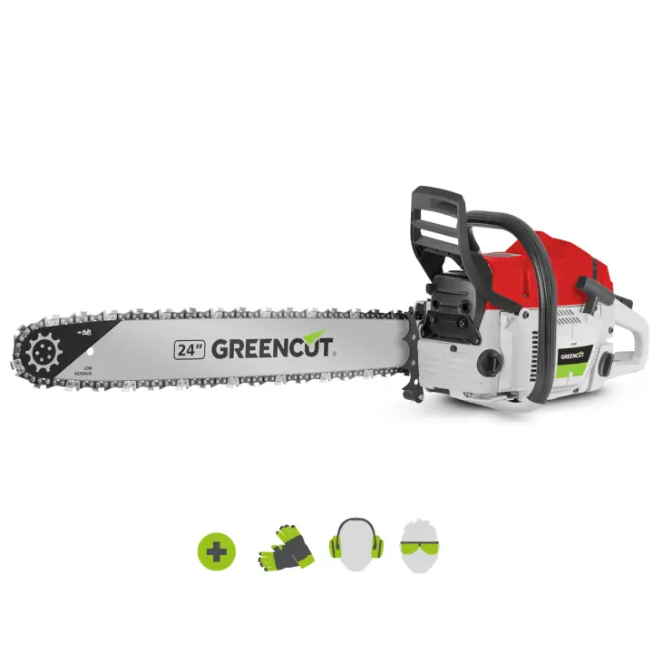 GREENCUT GS720X - Motosierra de gasolina, motor térmico 2 tiempos 72cc, espada dentada 24", para tala y poda, manillar ergonómico - 1