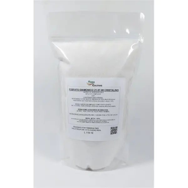 Fosfato diamónico hidrosoluble 21-57-00. Envase 1 Kg. Utilizado como fertilizante, es una excelente fuente de fósforo (P) y nitrógeno (N) para la nutrición de las plantas.  Excelente atrayente en trampas para mosca de la fruta y mosca del olivo. - 1