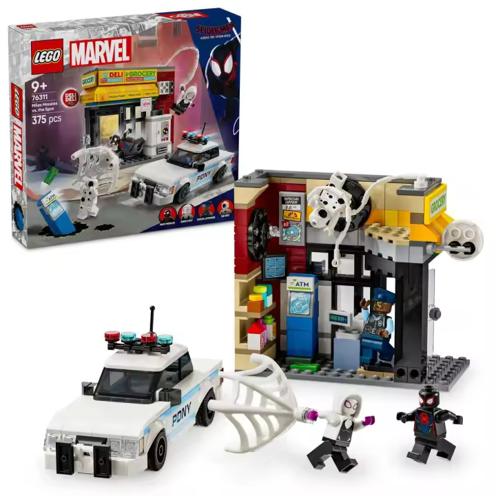 LEGO 76311 Marvel Multiverso Arácnido: Miles Morales vs. Mancha, Coche de Policía de Juguete y 4 Minifiguras inc. Spider-Man y Gwen Stacy, Juguetes de Superhéroes para Niños y Niñas de 9 Años o Más - 1