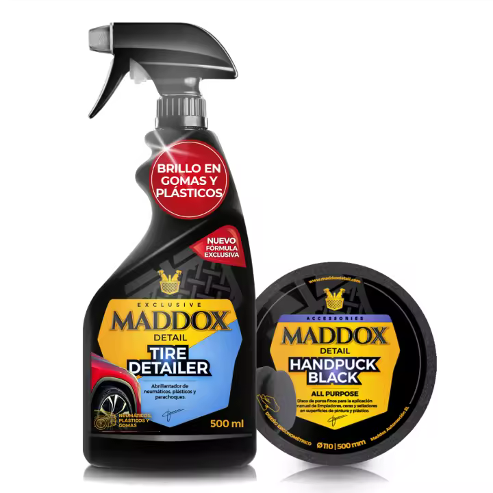 Maddox Detail - Pack de Cuidado de Neumáticos | Limpieza y Brillo Profesional para Neumáticos | Protector y Restaurador de Llantas | Tire Detailer con Aplicador Handpuck Black. - 1