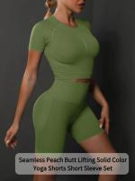 SSITO Nuevo conjunto de Pantalones cortos de manga cortos de Yoga de color sólido de melalgodón sin costura para correr, deportes y Fitness conjunto de Dos piezas - details 0