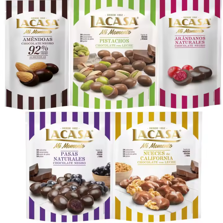 Lacasa Mi Momento pack de 5:Arándano Chocolate Negro ,Almendra 92% ,Nueces Chocolate Leche ,Pasas Chocolate Negro ,Pistacho Chocolate Leche - 1