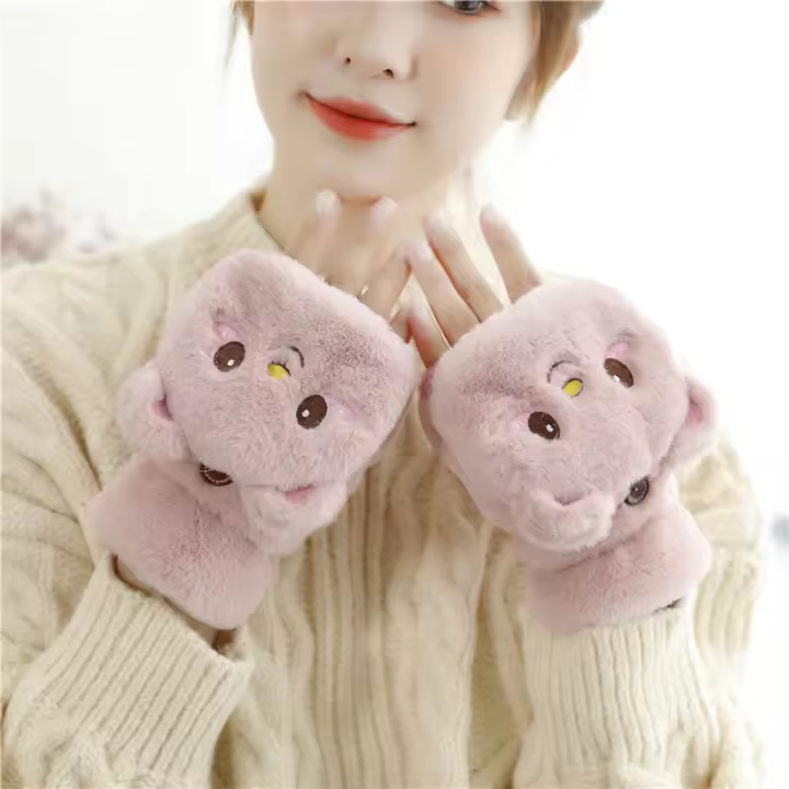 Guantes De Piel De Conejo Y Gato Para Mujer Guantes De Invierno De Plush Cálidos Y Suaves Medio Dedo Flexibles Y Gruesos - 1