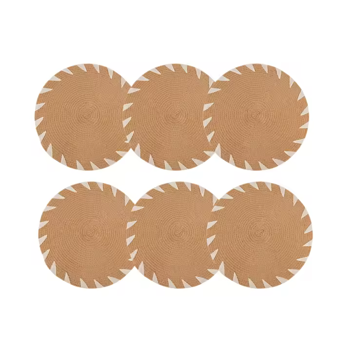 Cofan Pack de 6 salvamanteles individuales  Bajoplatos redondos  Color: beige y blanco  Salvamanteles con detalles decorativos  Diámetro: 38 cm - 1
