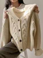 Chaqueta De Suéter De Punto Para Mujer Estilo Coreano Grueso Otoño Invierno Casual Manga Larga Suelta Color Sólido Para Females - details 6