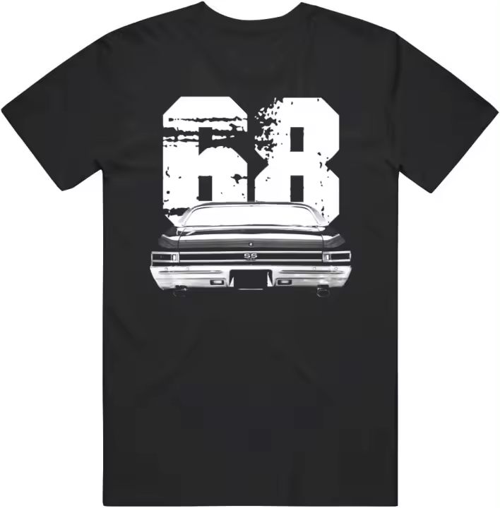 Camiseta blanca con silueta de Vista trasera de Chevy Chevelle, 1968 - 1