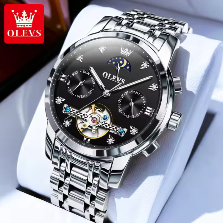 Reloj Mecánico Automático Para Hombre OLEVS 6678 Lujo Original Con Calendario Fase De La Luna Y Flywheel Skeleton Resistente Al Shock Agua Acero Inoxidable - 1