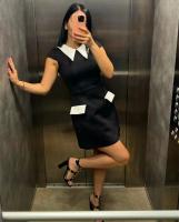 Vestido Mini A-Line Elegante Y Moderno Para Mujer Con Cuello Peter Pan Manga Corta Y Bolsillos Vestido De Fiesta Slim High Waist Patchwork Polyester Spandex - details 17