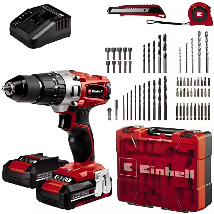 Taladro Percutor Einhell TE-CD 18/2 Li-i +64 PXC (18 V, 44 Nm, 2 Velocidades, 2 Baterías 2,0 Ah, Cargador Rápido, Maletín y Set de Accesorios de 64 Piezas) - 1
