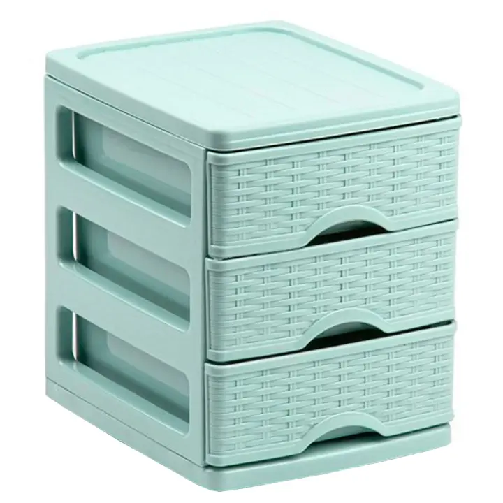 Tradineur - Cajonera de plástico, sobremesa, 3 cajones, 17 x 13,5 x 17 cm, modelo Turia, efecto mimbre, torre almacenaje multiusos, organizador auxiliar, escritorio, baño, oficina, color aleatorio - 1