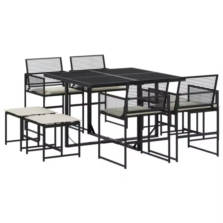 vidaXL Set de comedor de jardín 9 pzas y cojines ratán sintético negro - 1