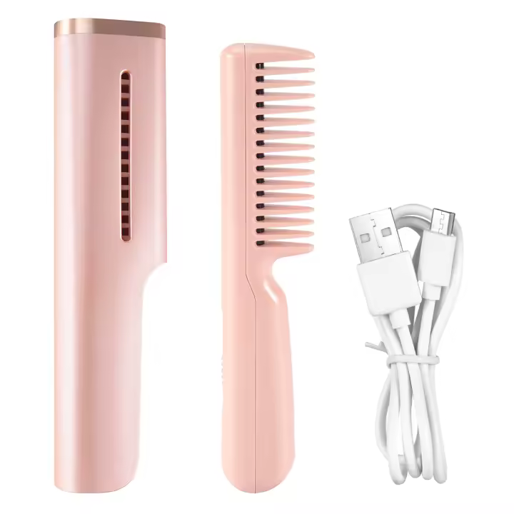 Alisador y rizador de pelo eléctrico inalámbrico, peine Seco 2 en 1, Mini carga USB, alisado en caliente, color rosa - 1