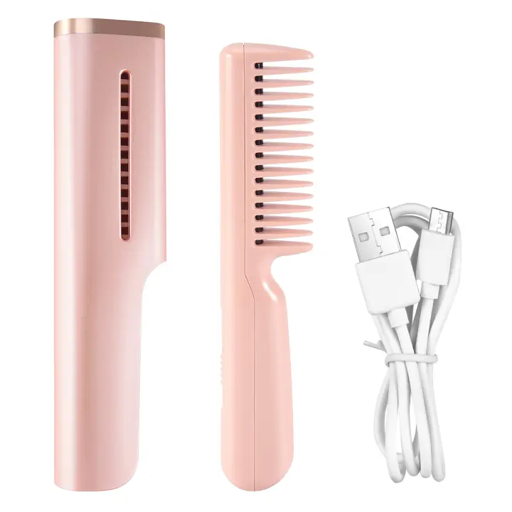 Alisador y rizador de pelo eléctrico inalámbrico, peine Seco 2 en 1, Mini carga USB, alisado en caliente, color rosa - 1