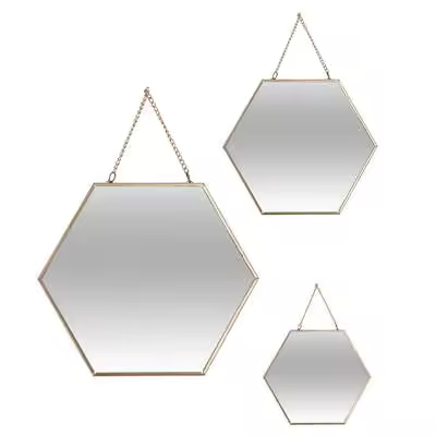 Lote de 3 espejos hexagonales con cadena Leny metal dorado - 1