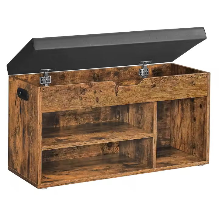 VASAGLE Banco Zapatero con Cojín, Banco de Almacenamiento, 3 Compartimentos, Almacenamiento Oculto, Estantes, para Sala de Estar, Pasillo, Dormitorio, Carga de 150 kg, Blanco/Marrón Rústico - 1