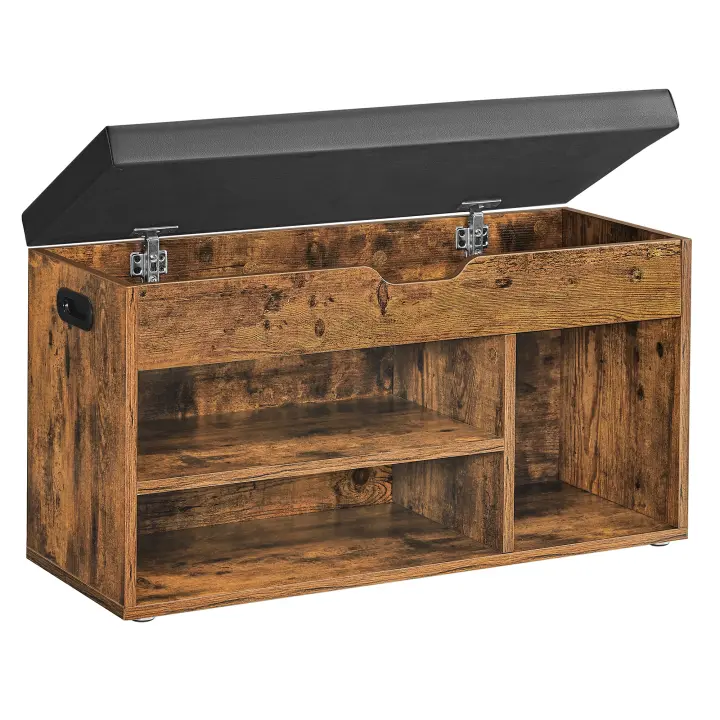 VASAGLE Banco Zapatero con Cojín, Banco de Almacenamiento, 3 Compartimentos, Almacenamiento Oculto, Estantes, para Sala de Estar, Pasillo, Dormitorio, Carga de 150 kg, Blanco/Marrón Rústico - 1