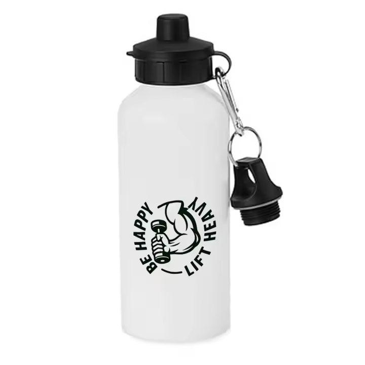 MERCHANDMANIA Bidón deportivo 600 ml acero inoxidable con chupón be happy lift heavy se feliz levanta pesas fuerte botella escolar deporte bicicleta - 1