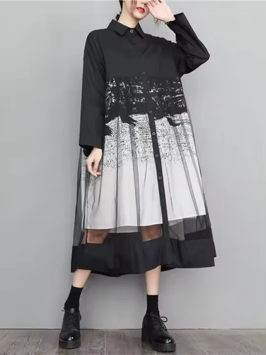 Vestido De Mujer AmaxluluE Verano 2025 Casual Vintage Con Diseño De Malla Y Encaje Algodón Suave Corte A-Line Manga Larga - 1