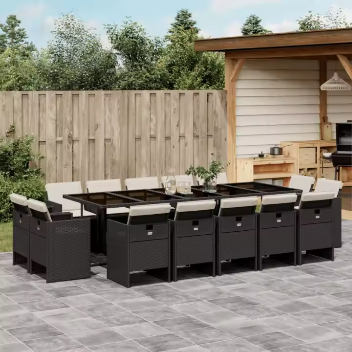 vidaXL Set comedor de jardín con cojines 15 pzas ratán sintético negro - 1
