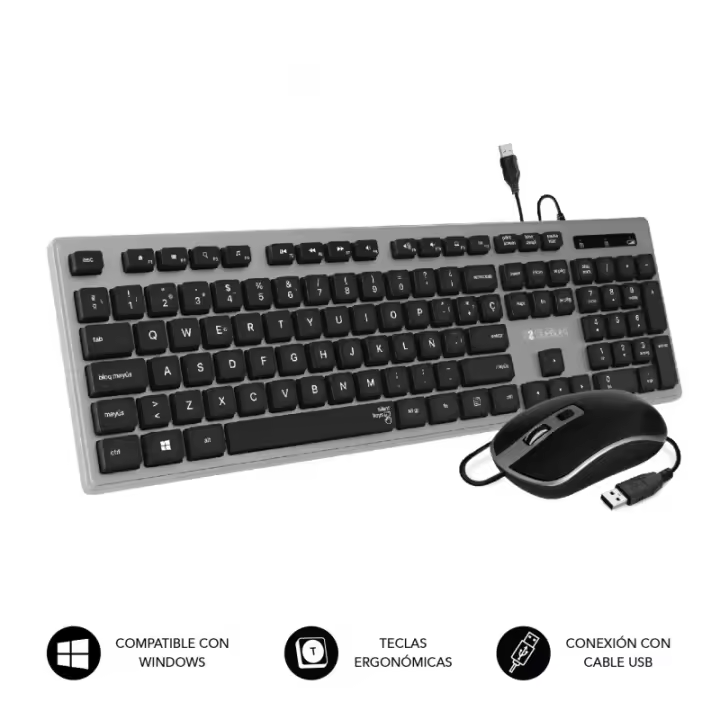SUBBLIM - Teclado Ergonómico y ratón con cable USB Plano Silencioso Gris/Negro Ergo SUBKBC-CEKE50 - 1