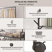 LUTODY - Perchero de pie burro metálico con ruedas, Zapatero, Cesto de almacenamiento para ropa, Zapatos, Bolsos y accesorios - Multifuncional para salón, dormitorio, sala de estar, recibidor y entrada - details 3