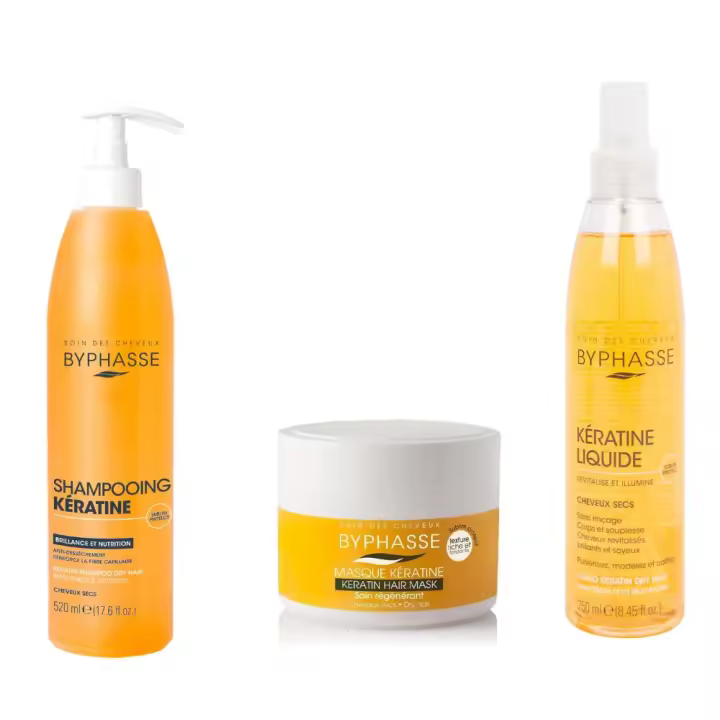 Byphasse Pack Cuidado Capilar con Queratina – Champú 520 ml + Mascarilla Nutritiva 250 ml + Tratamiento Queratina Líquida 250 ml – Para Cabello Seco, Dañado o Quebradizo - 1
