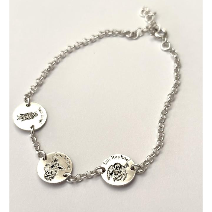 pulsera de los tres arcángeles, Raphael, Miguel y Uriel fabricada en plata de primera ley, ajustable-40ycuatrojoyeria