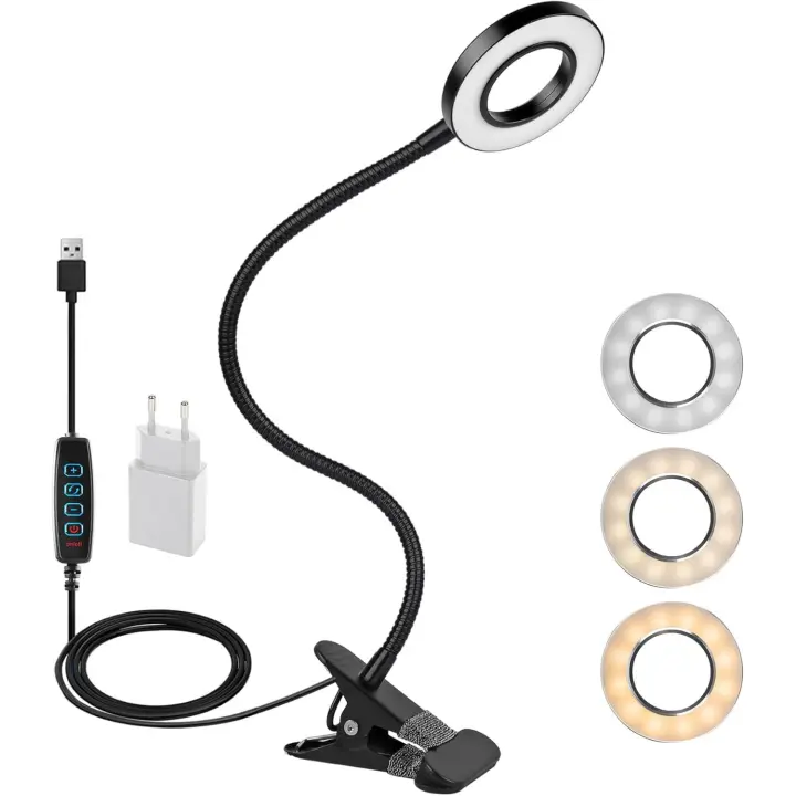 Lámpara LED con clip flexible de 360°, 3 modos, 10 niveles regulables para cabecero, dormitorio, oficina, 12 W, con adaptador CE, color negro [Clase energética F] - 1