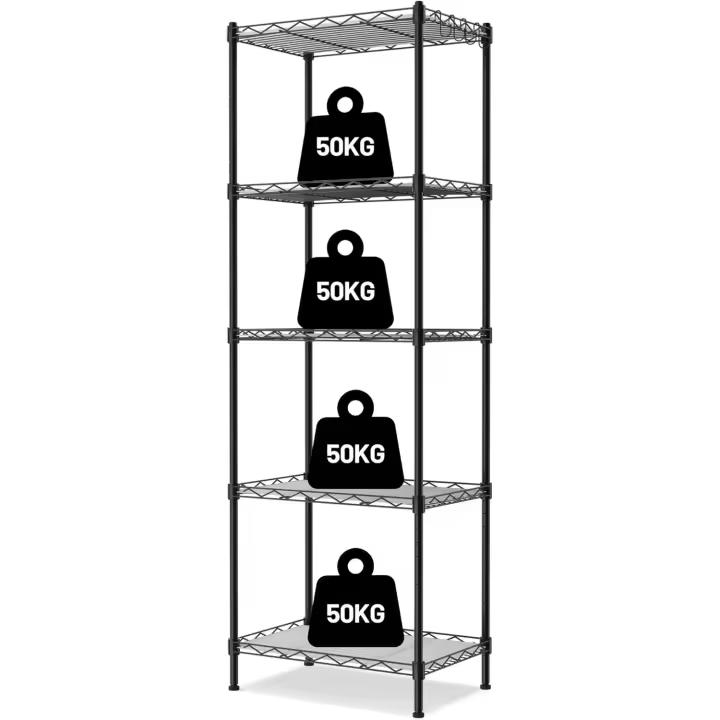 Estantería de Alambre de 5 Niveles, Metal, Almacenaje Con Estantes Ajustables, 4 Ganchos y 5 Paneles de PP, Carga Total de 250 kg, Para Garaje, Cocina, Dormitorio - 1