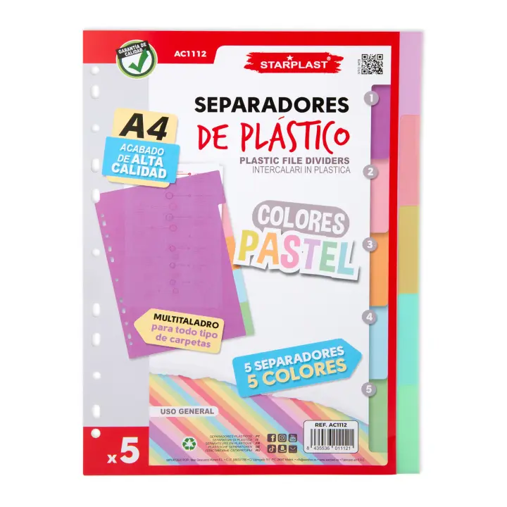 Starplast Separadores Pastel para Carpeta o Archivador 2-4 Anillas - Organizadores Polipropileno Índice Multitaladro - 1
