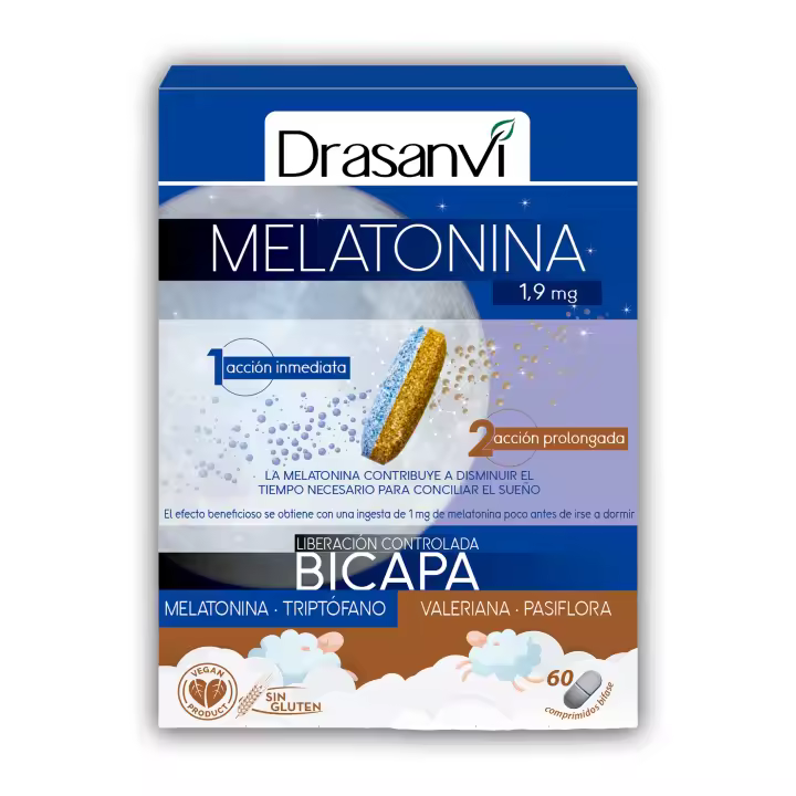 DRASANVI - Melatonina Bicapa de 1,9 mg con Triptófano, Pasiflora y Valeriana - Envase 60 comprimidos - 1
