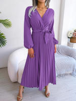Vestido Largo Elegante Para Mujer Con Cuello En V Manga Larga Pleated Maxi Con Cinturón Estilo Casual De Pierna Larga - details 47