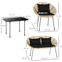 Outsunny Conjunto de Jardín Exterior de Ratán Sintético de 4 Piezas Muebles de Jardín Exterior Incluye 1 Sofá Doble 2 Sillones y Mesa de Vidrio con Cojines Natural y Negro - details 2