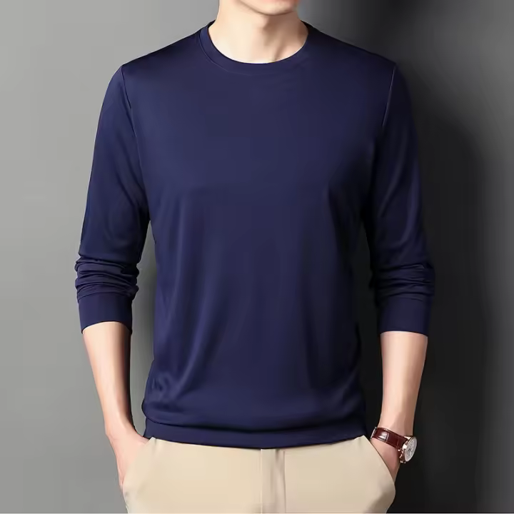 Camiseta De Manga Larga Para Hombre En Color Sólido Cuello Redondo Camisa Polo Casual Algodón Transpirable Para Primavera Y Otoño - 1