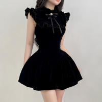 Vestido Mini De Veludo Elegante Y Moda A-Line Para Mujer Slim Con Volantes Sin Mangas Cierre De Cremallera Estilo Casual Otoño Invierno Callejero - details 15
