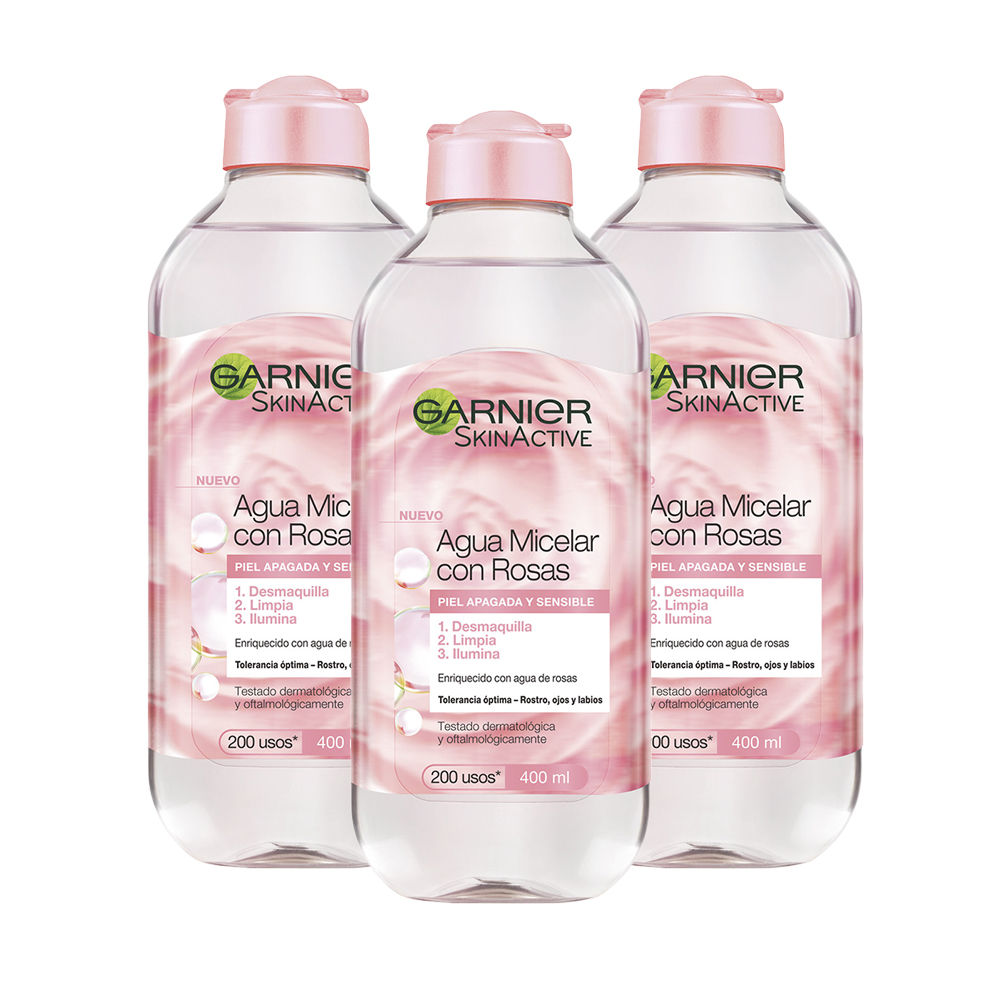 Garnier Skin Active Agua Micelar con Agua de Rosas para Piel Apagada y Sensible. Desmaquilla, Limpia e Ilumina - 3x400ml